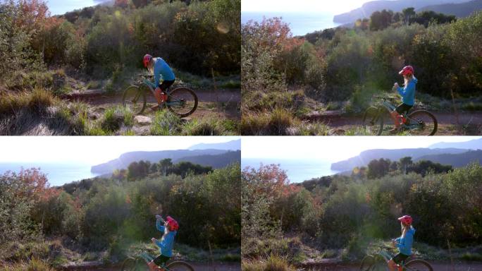 年轻的女自行车手探索偏僻的小路