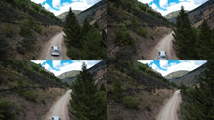 一辆白色的汽车开上了一条土路，穿过松树进入了群山