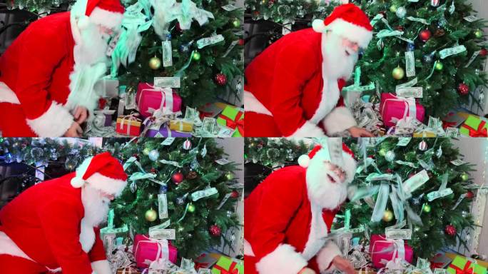 侧视图富有微笑的圣诞老人把一堆钱扔到空中，散落在圣诞树旁边的钞票