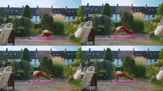 一个阳光明媚的早晨，一位女士在自家后院做瑜伽