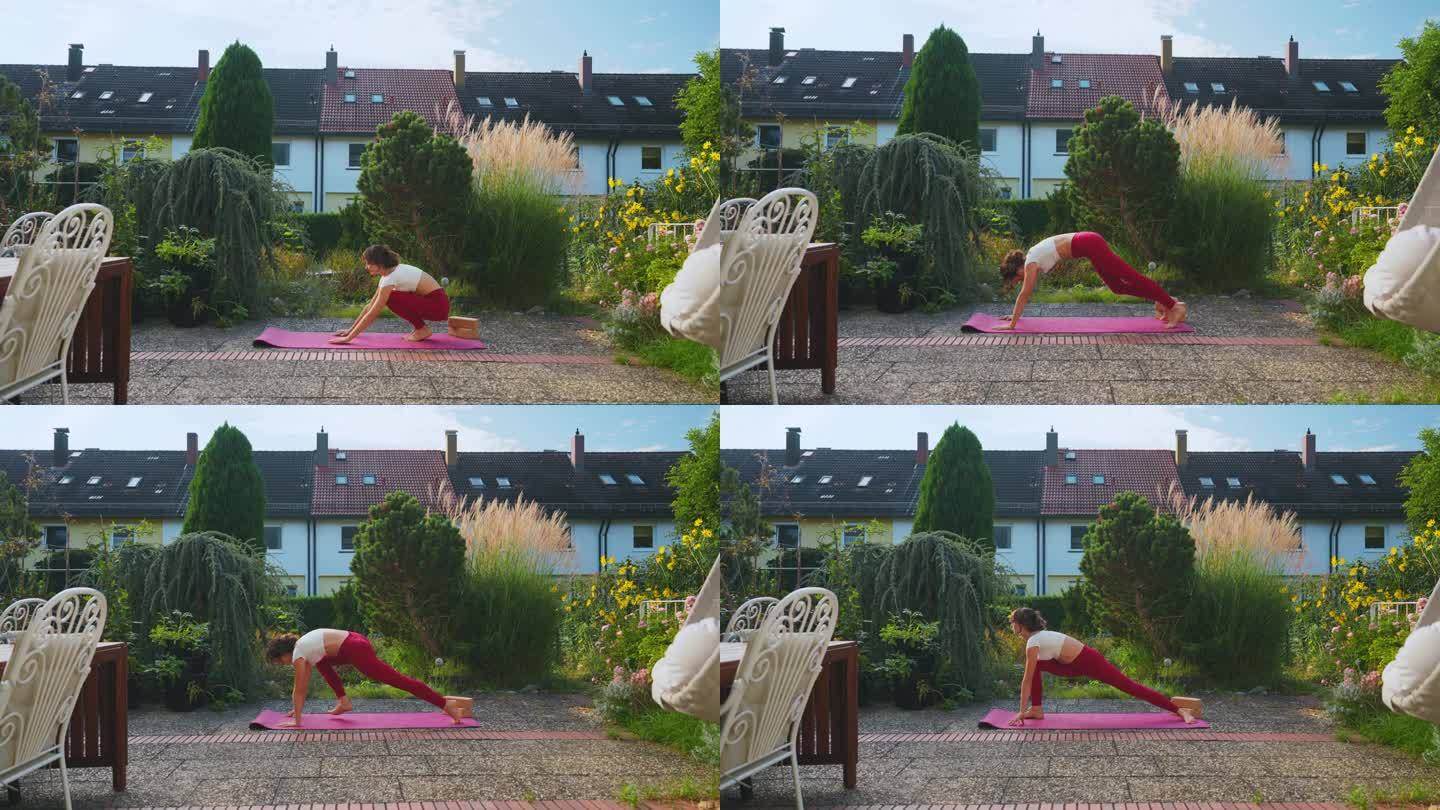 一个阳光明媚的早晨，一位女士在自家后院做瑜伽