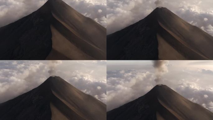 一架无人机向一座活火山倾斜，在危地马拉的高海拔地区冒烟
