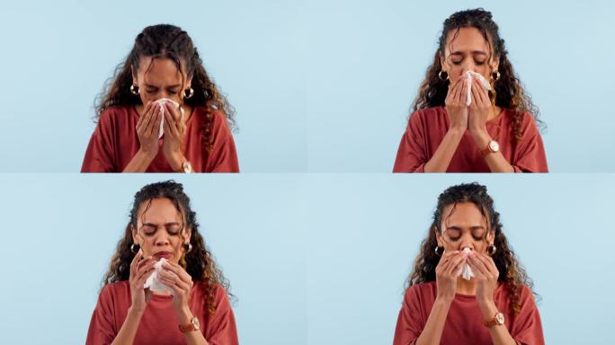 打喷嚏，脸和生病的女人在工作室用纸巾，纸或流感，过敏或病毒感染的蓝色背景。鼻窦，问题和女士模型擤鼻涕
