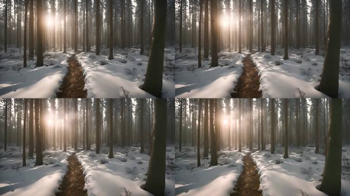 冬天梦幻唯美的清晨森林景观