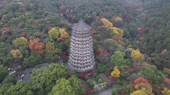 航拍浙江杭州钱塘江六和塔秋天七彩山林顺林