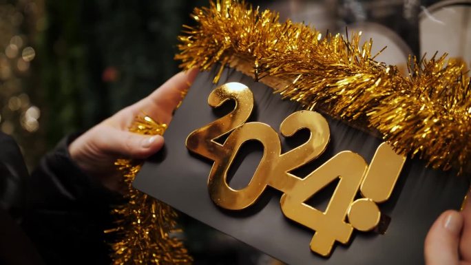 2024年新年金数字盘。圣诞饰品。特写镜头。一位女士在商店里举着一个金字“2024”的新年标牌。20