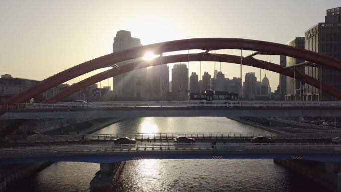 4K航拍 天津金刚桥 海河 清晨 交通
