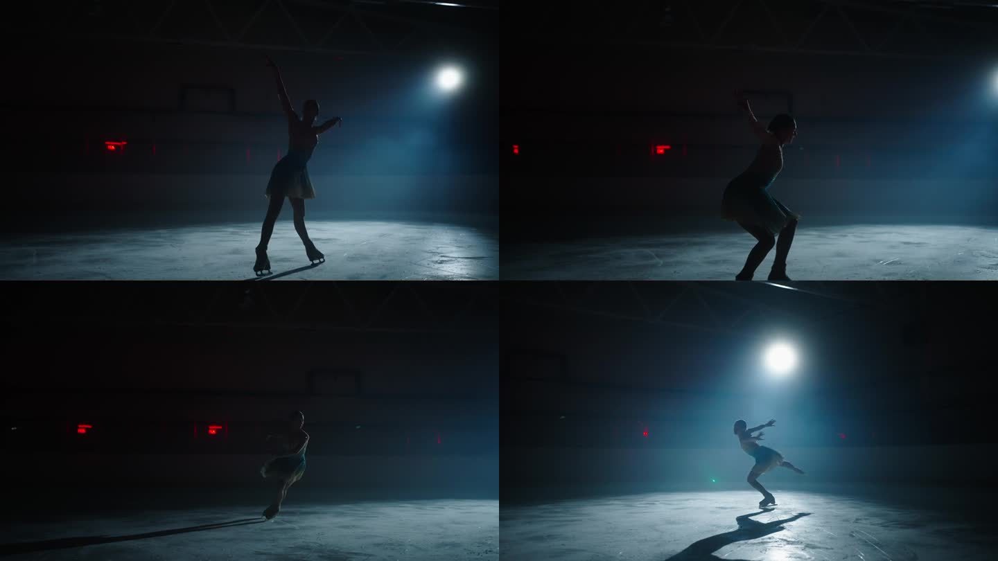天才女花样滑冰运动员在黑暗中滑冰，优雅地跳舞，年轻女子的剪影
