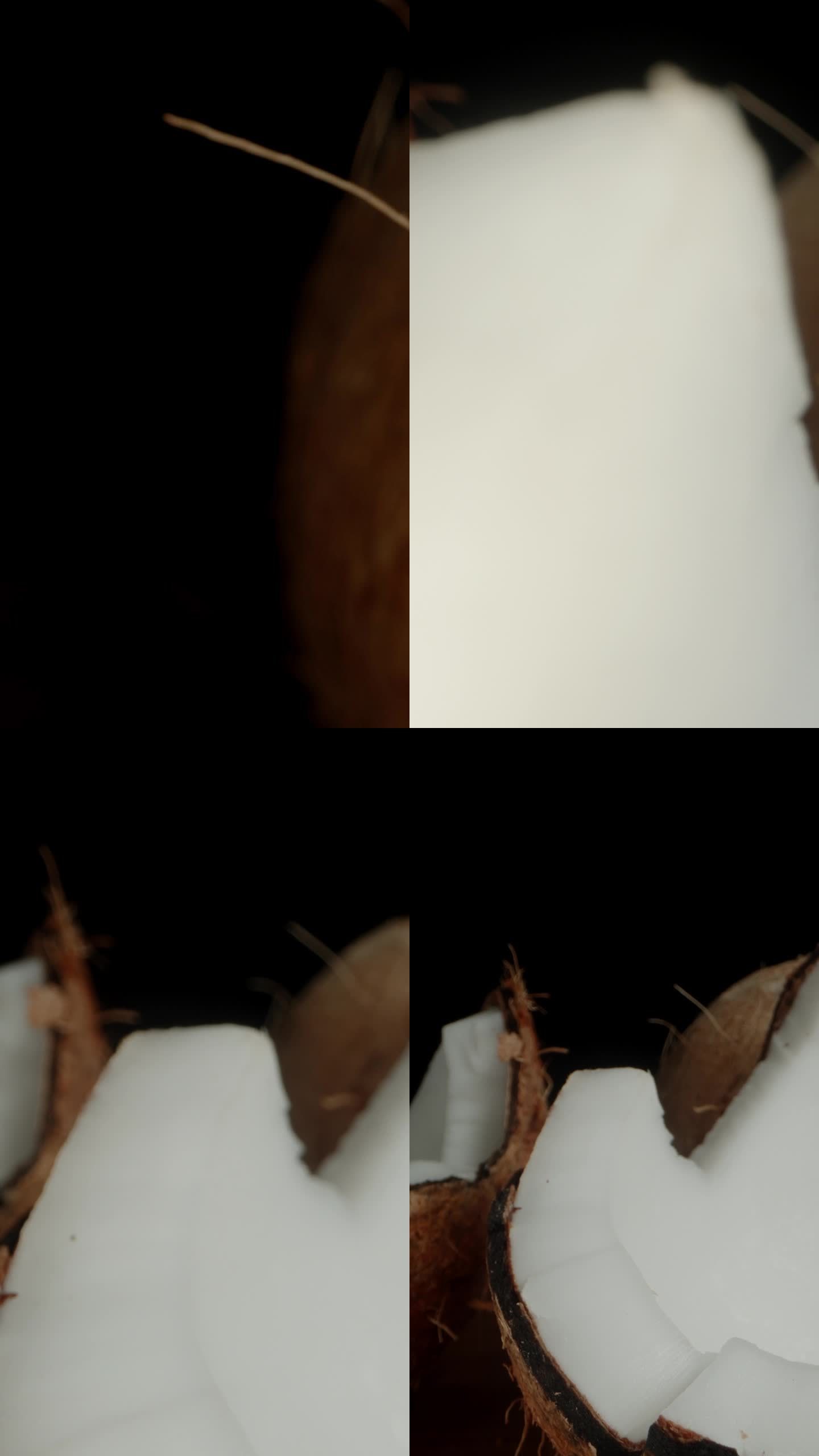 垂直视频。镜头穿过断椰子的两半。多莉滑块极端特写。