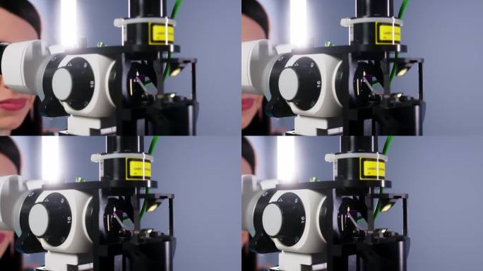 眼科医生使用现代设备检查一个人的眼睛，并为病人做激光视力矫正准备。眼科诊所的现代诊断设备。