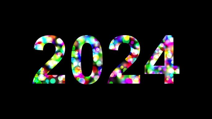 2024与彩色散景灯效果在纯黑色背景