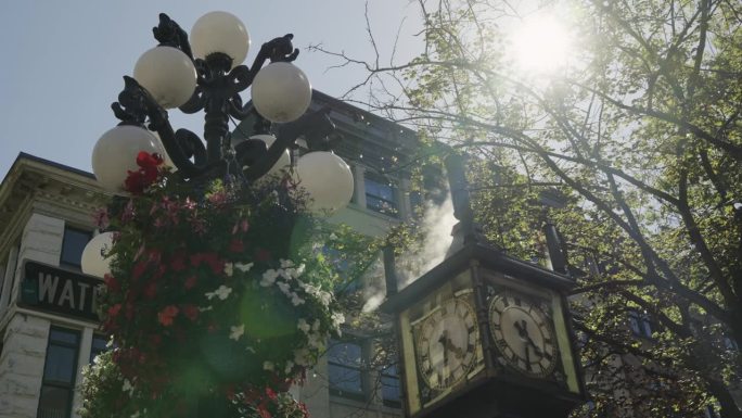 温哥华加斯敦地区的蒸汽钟，蒸汽升起，太阳耀斑和羽毛飞过的图像，还有挂着鲜花的路灯，手持慢动作