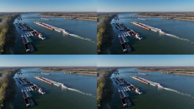 俄亥俄河与密西西比河汇合处上方的拖船和驳船
