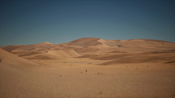 无边无际的沙漠，点缀着黄沙和充满活力的蓝天。