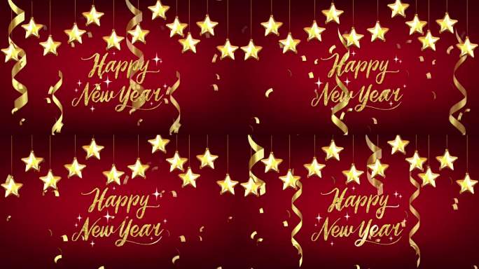 动画金色文字新年快乐与金色星星和红色背景。