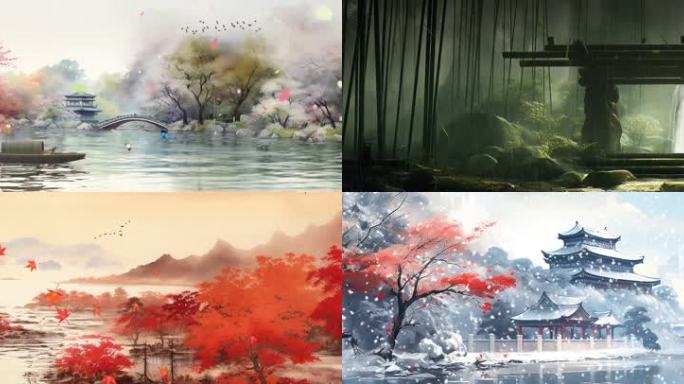 水墨模板四季山春夏秋冬中国舞背景粒子树叶