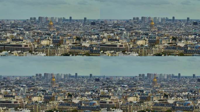 建立现代和古代巴黎的镜头。吸引着来自世界各地的游客。无人机拍摄的法国房屋和地标的屋顶。无人机拍摄的巴