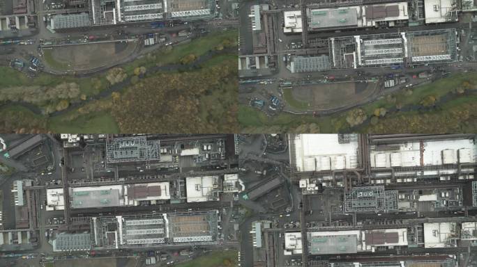 鸟瞰运河和柯林斯镇工业园区与英特尔公司工厂在爱尔兰基尔代尔的莱西利普。-航拍