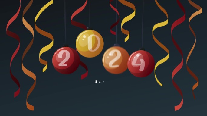 动画视频与圣诞球快乐2024年新年。