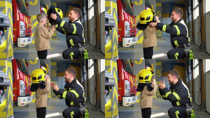 一名友好的消防员给一个小男孩戴上了防护头盔
