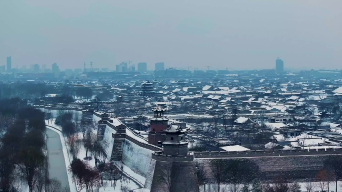 水墨画雪景古城