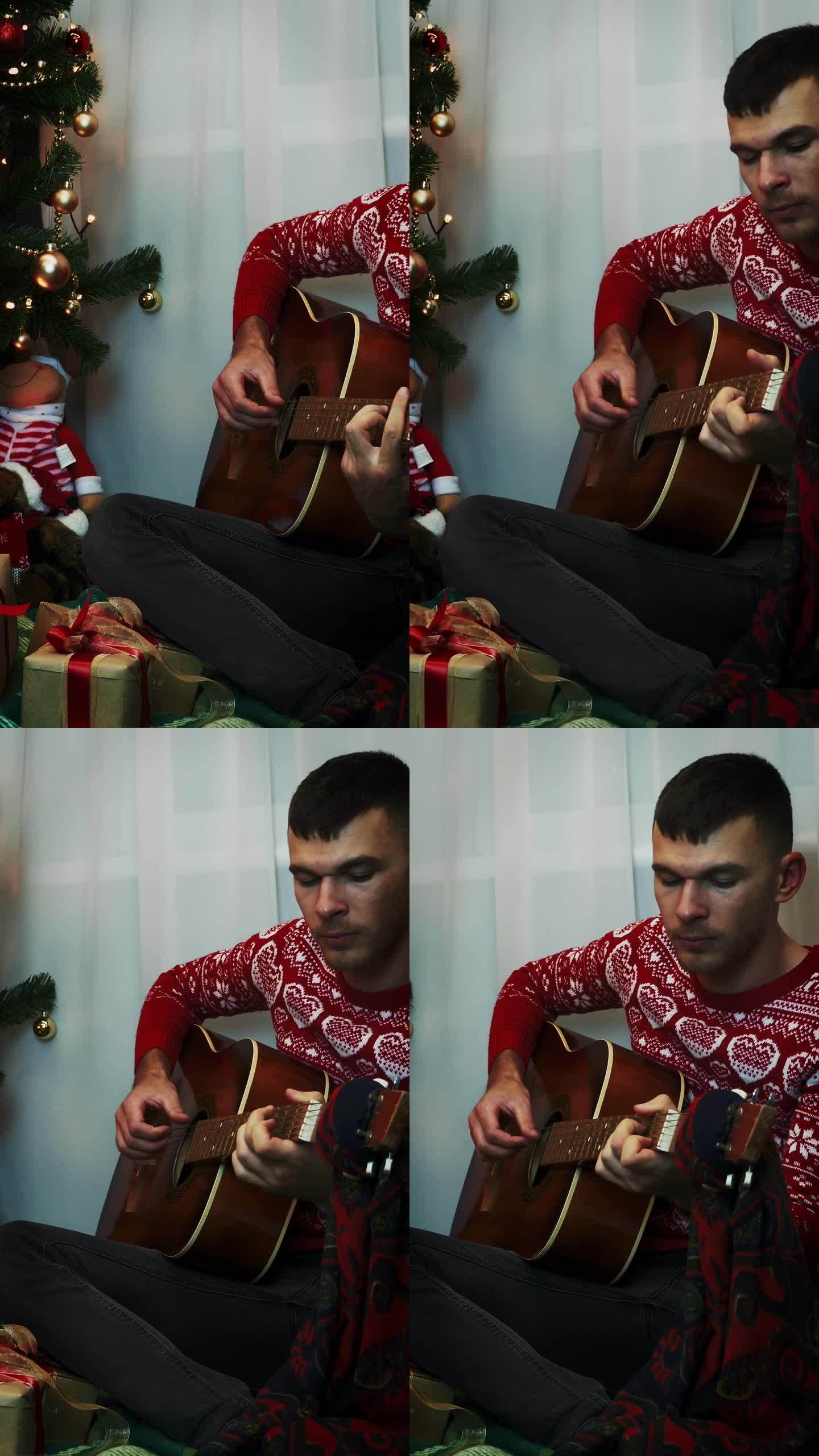 节日的人在新年弹着吉他，唱着圣诞歌。垂直视频