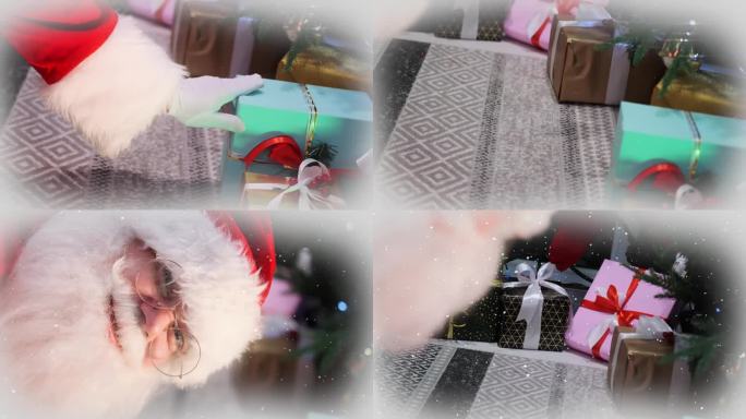 圣诞老人的手把礼物放在树下，在圣诞前夜制造惊喜，狡猾地看着镜头