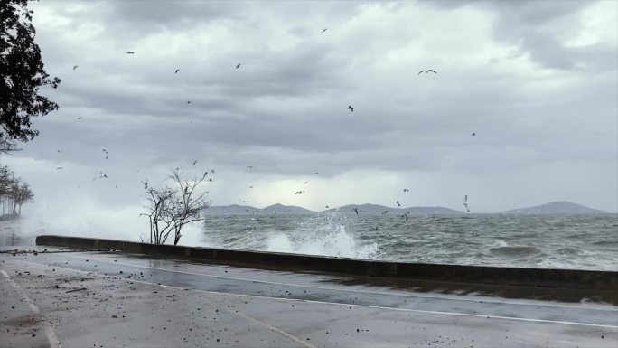 在风雨交加的日子里，海浪冲击着海岸和风