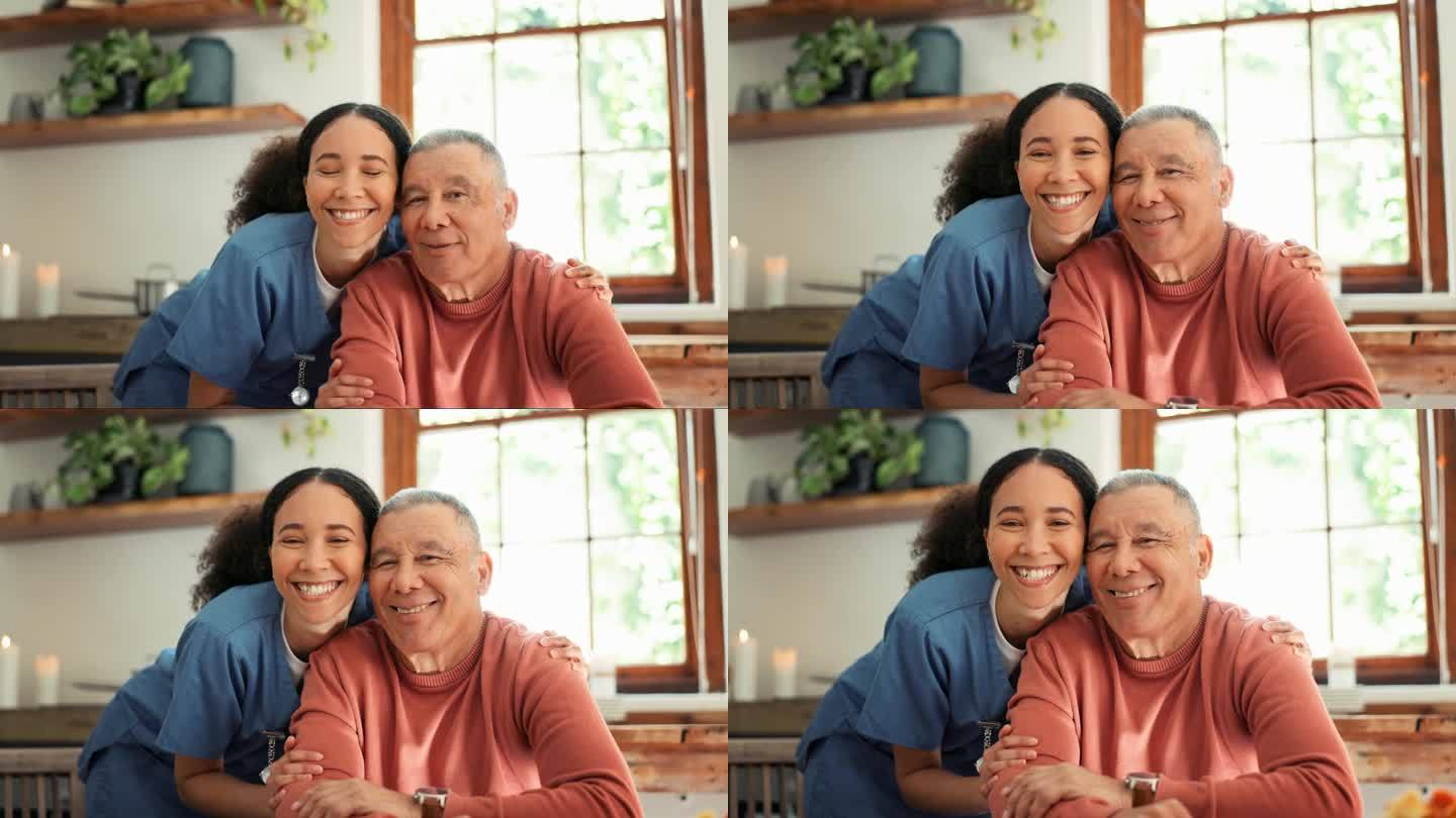 快乐的女人，在医疗保健中拥抱和照顾老人，在退休或养老院中支持或信任。女性抱着老人微笑的画像，在家里照