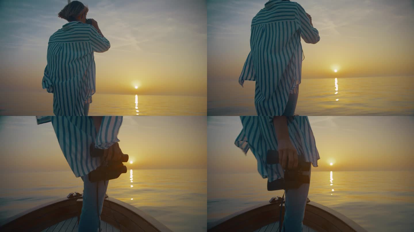 一名妇女在欣赏海上地平线上的日落时使用双筒望远镜