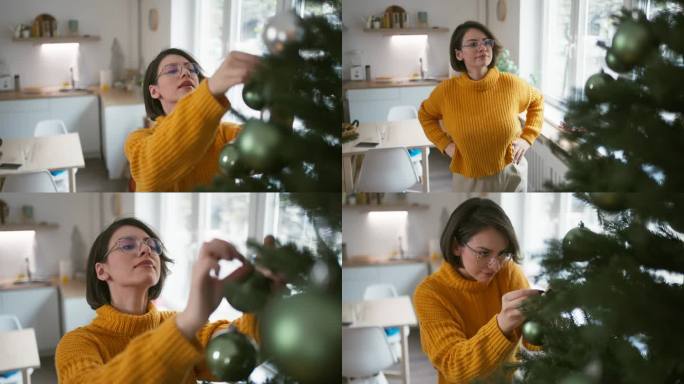 一位白人妇女，在她现代的家中装饰一棵大圣诞树
