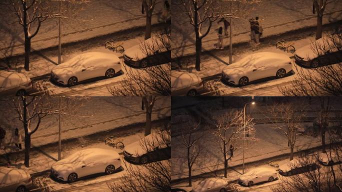俯拍路灯下 北京雪夜 单车玩雪狗狗