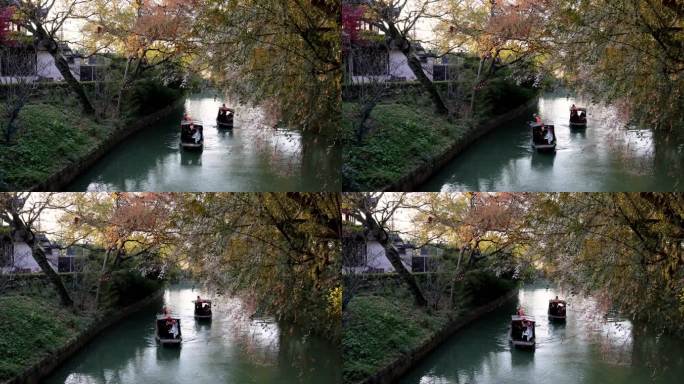 秋天手摇船在河道中前行