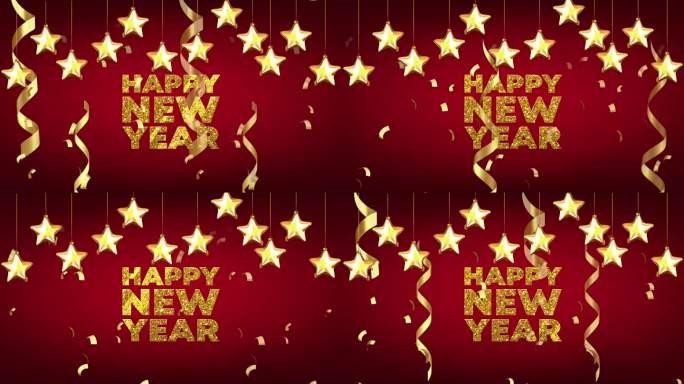 动画金色文字新年快乐与金色星星和红色背景。