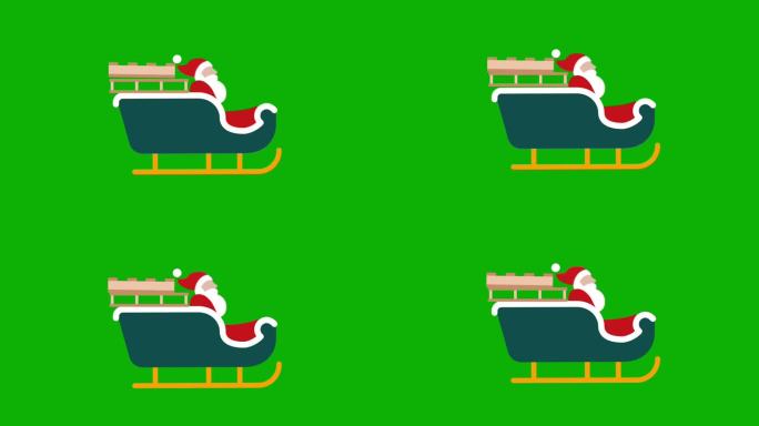 圣诞老人坐在绿色背景上的驯鹿雪橇上。