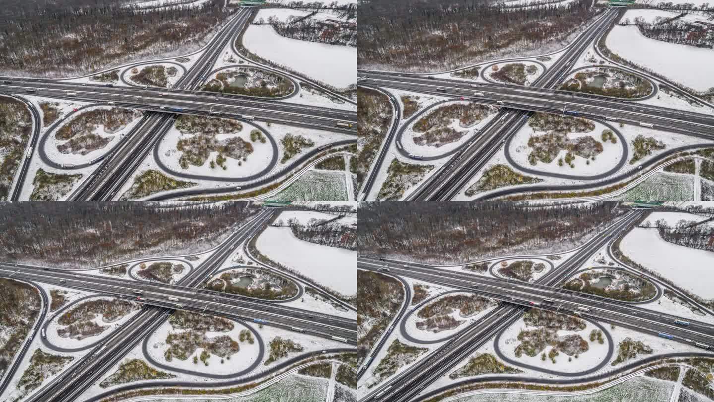 冬季高速公路十字路口鸟瞰图