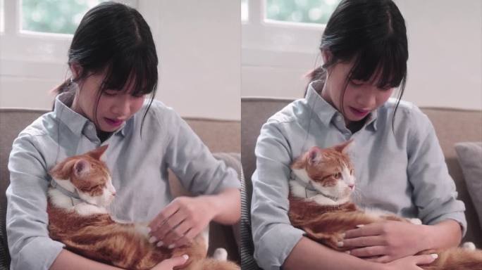一名亚洲女子深情地抚摸着她的橙色猫咪，在家里散发着快乐和关怀。捕捉宠物情感的幸福时刻，创造温暖人心的
