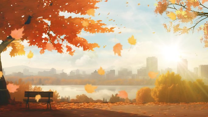 秋日落叶 公园 长椅 枫叶 落日 秋天