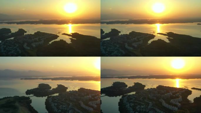 湖边夕阳空镜航拍