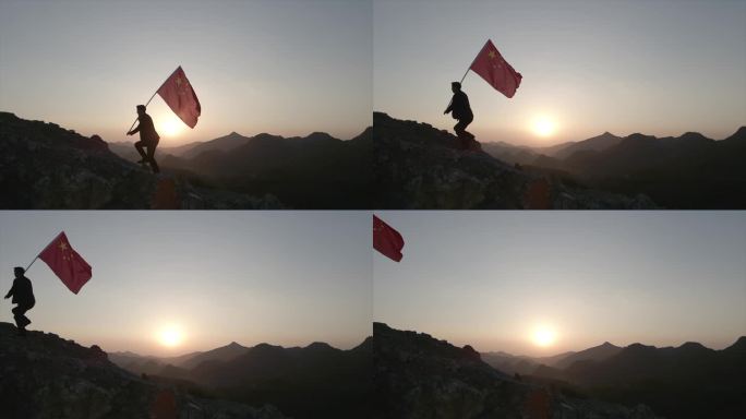 一个人拿着红旗冲向山顶红旗飘扬爱国教育