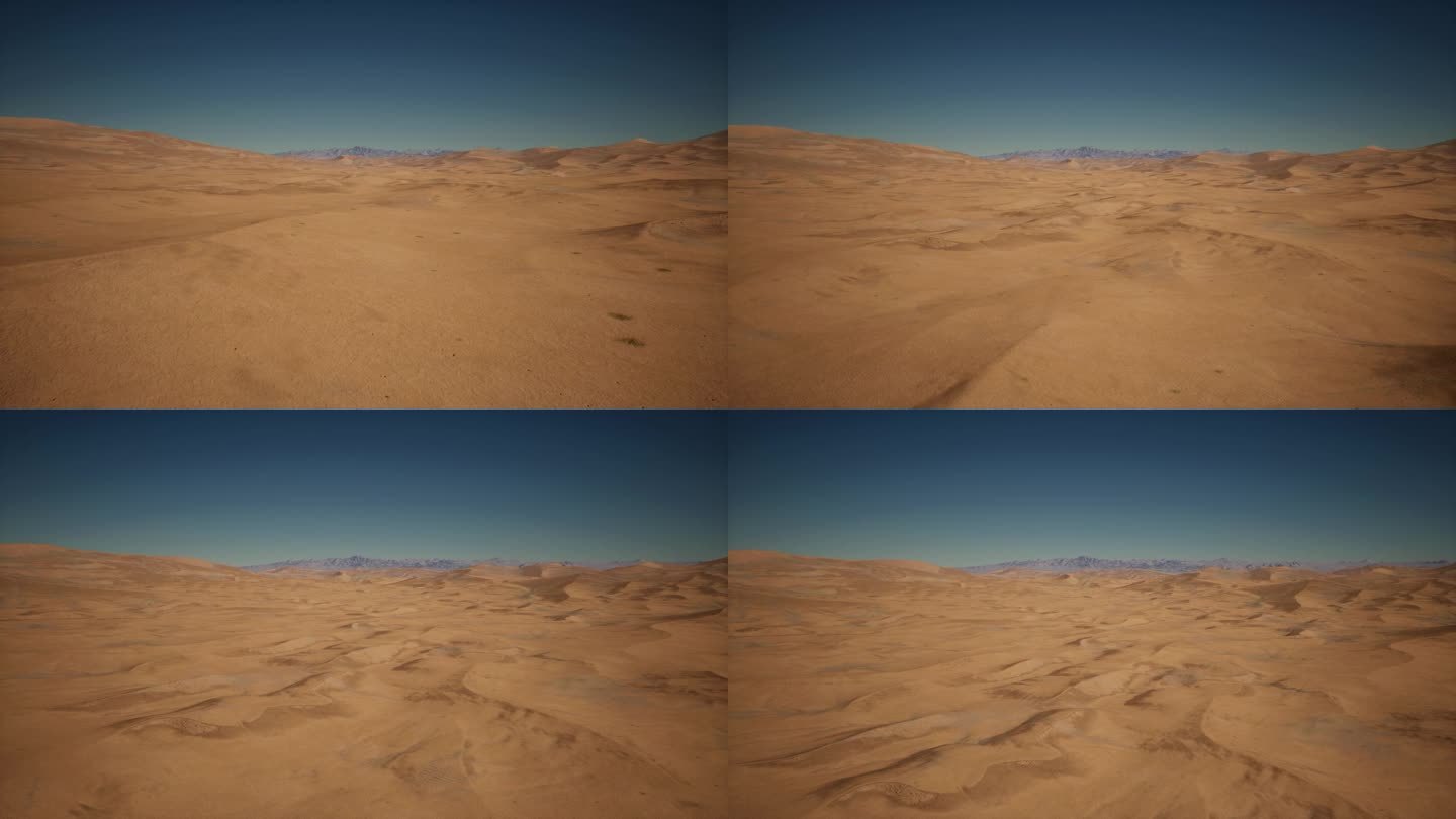 广阔的沙漠场景，赭色的沙子在无边无际的蓝天下伸展。