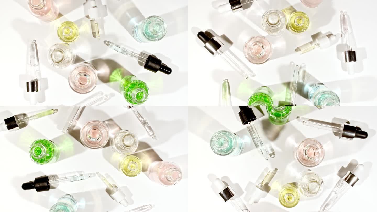 化妆品移液器将油滴装入瓶中。萃取物，芳香，精油。基于天然成分的化妆品油。生产用于头发和皮肤护理的天然