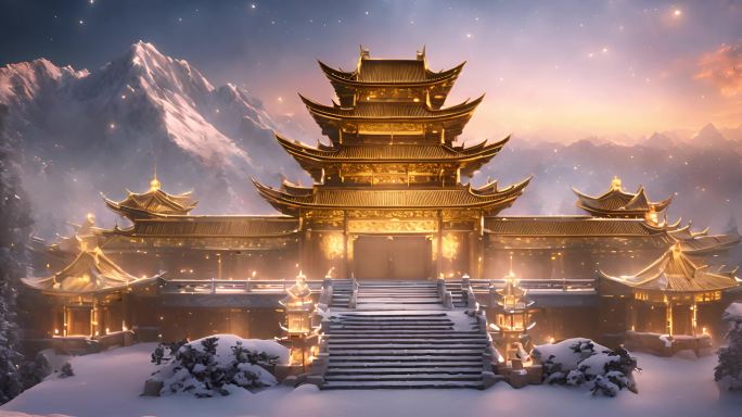 中国古代建筑金色宫殿雪山之上雪花闪电白雾