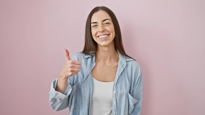 漂亮的年轻西班牙女人在休闲服装给出自信的“ok”的标志!她的笑容洋溢着喜悦，在粉红色孤立的背景下洋溢