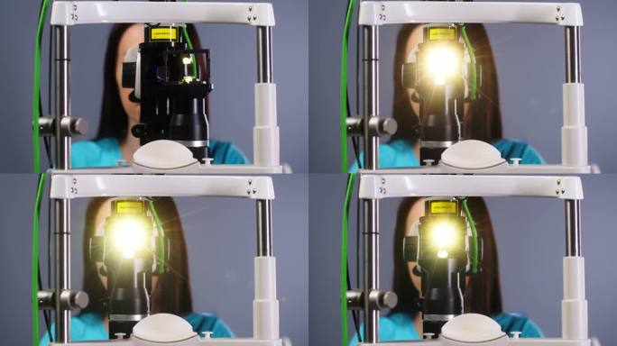 激光视力矫正。医生检查病人的眼睛。医疗技术的概念，眼科设备的广告。