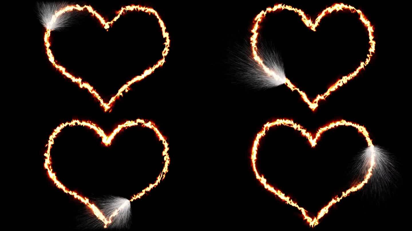 燃烧的心的4K动画，在黑色背景上有一个仙女尘的轨迹，情人节的概念，分手和展示。爱情背景动画3840x