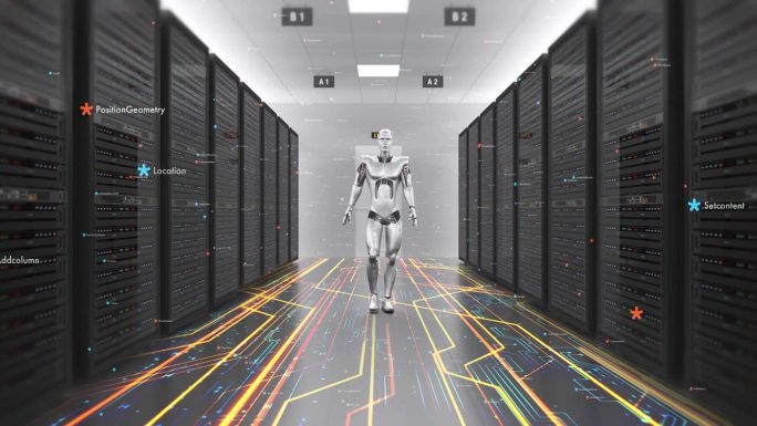 人形机器人自信地行走在高科技数据中心。