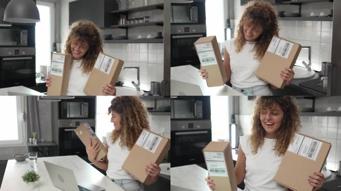 一名女子白种成年女性收到盒子里的礼物，打开看卡片，开心地笑在家里的笔记本电脑前，正在进行在线视频通话