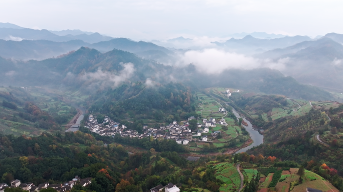 大好河山云海云雾山脉徽派建筑美丽山村