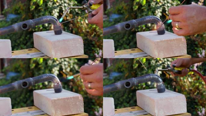 水管工焊接或焊接铜水管